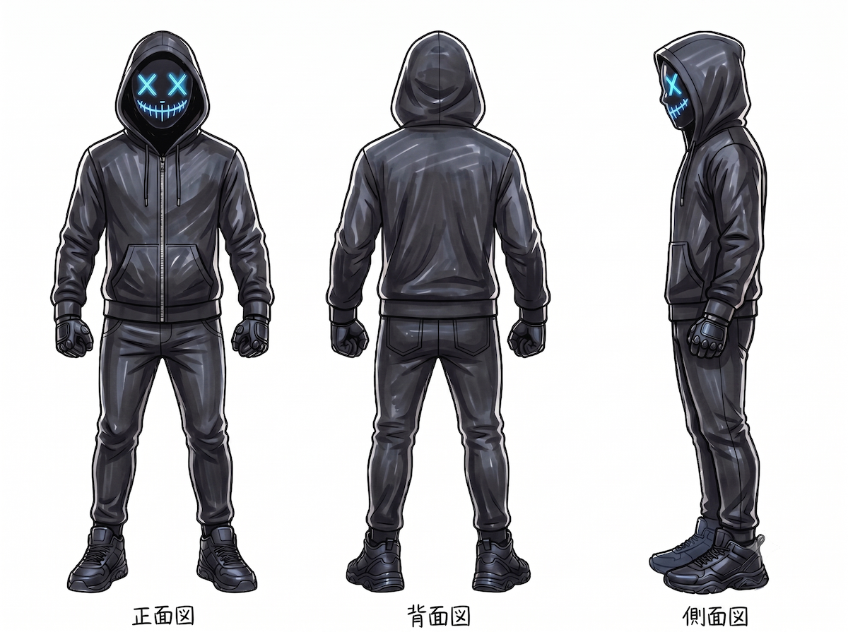 黒いフードとシアンに光るXの目を持つ親バカ社長のキャラクターデザイン