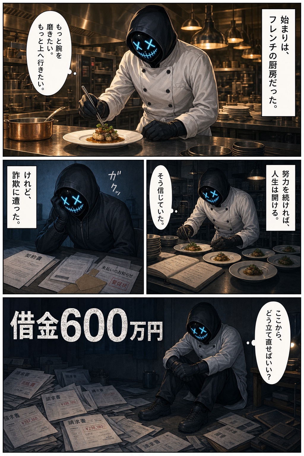 フレンチの厨房で腕を磨いていた親バカ社長が、詐欺による600万円の借金に直面するプロフィール漫画2ページ目