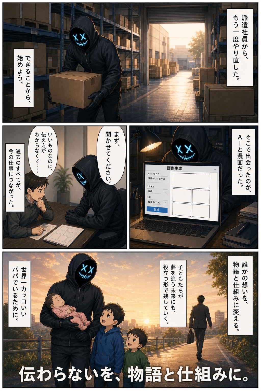 派遣社員から再出発し、AI漫画と出会って、誰かの想いを物語と仕組みに変える現在へ至るプロフィール漫画5ページ目