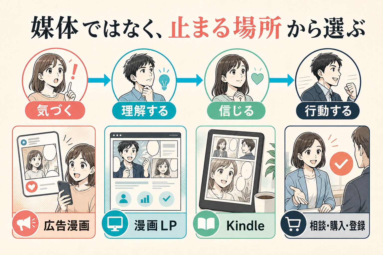 気づく・理解する・信じる・行動するの顧客導線に、広告漫画・漫画LP・Kindle・相談や購入の役割を対応させた図解