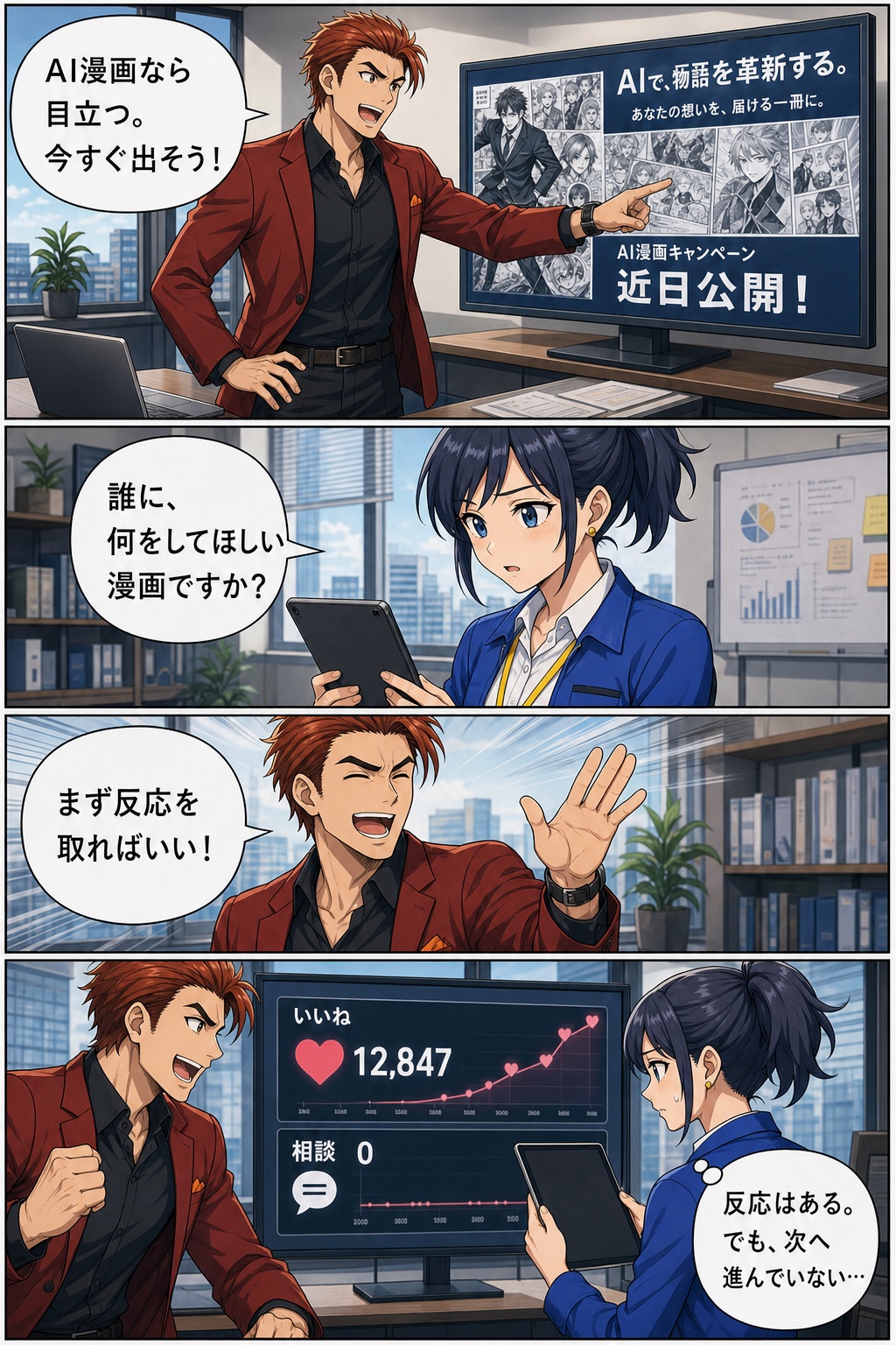 火野ゴウと水城ナオが目的を決めずAI漫画を公開し、いいねは集まったが相談が0件のままだと気づく漫画1ページ目