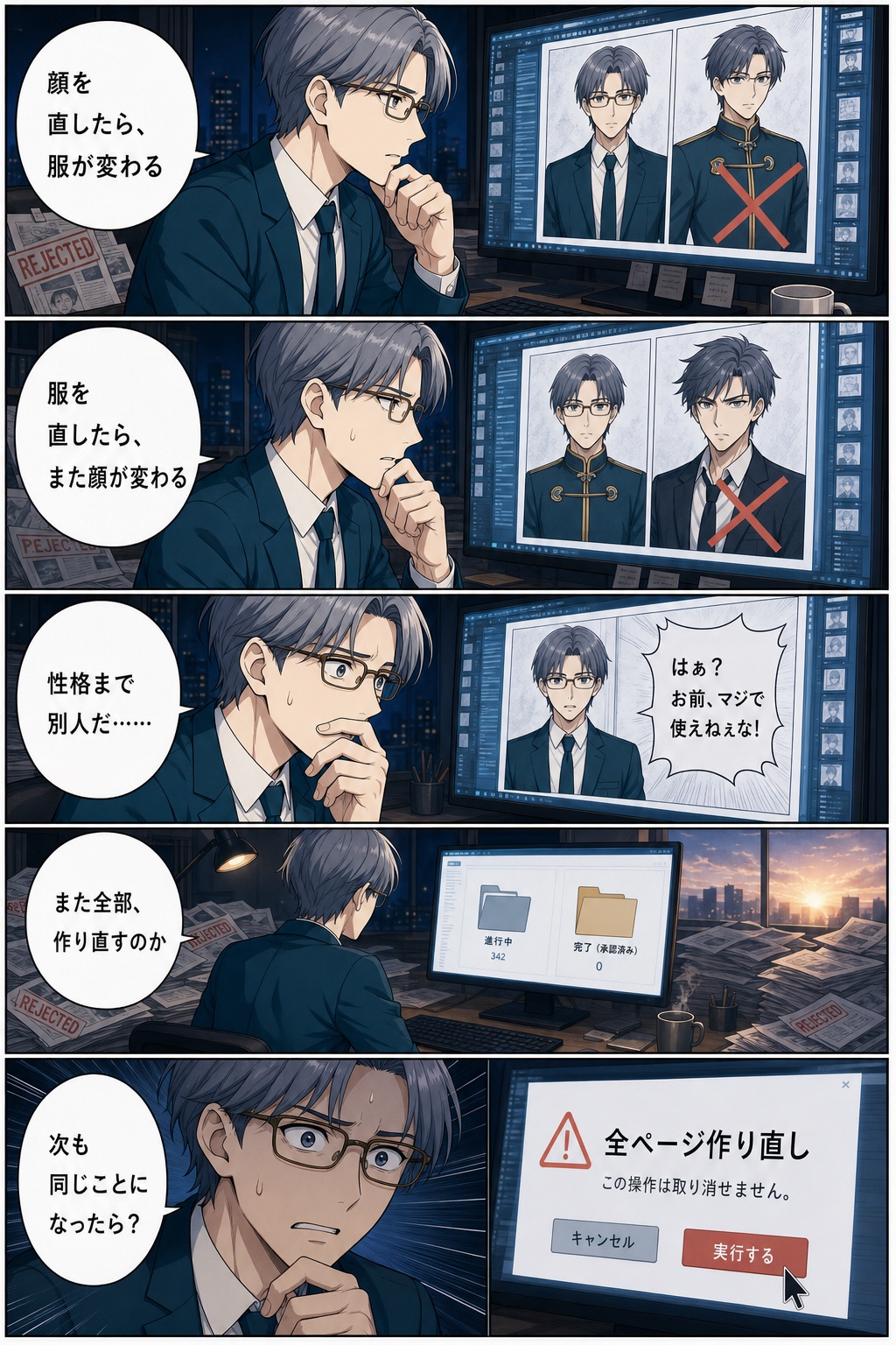 守谷セイジが顔や服を直すたび別の部分と性格が変わり、完成ページがゼロのまま全ページ作り直しを前に手が止まる漫画2ページ目