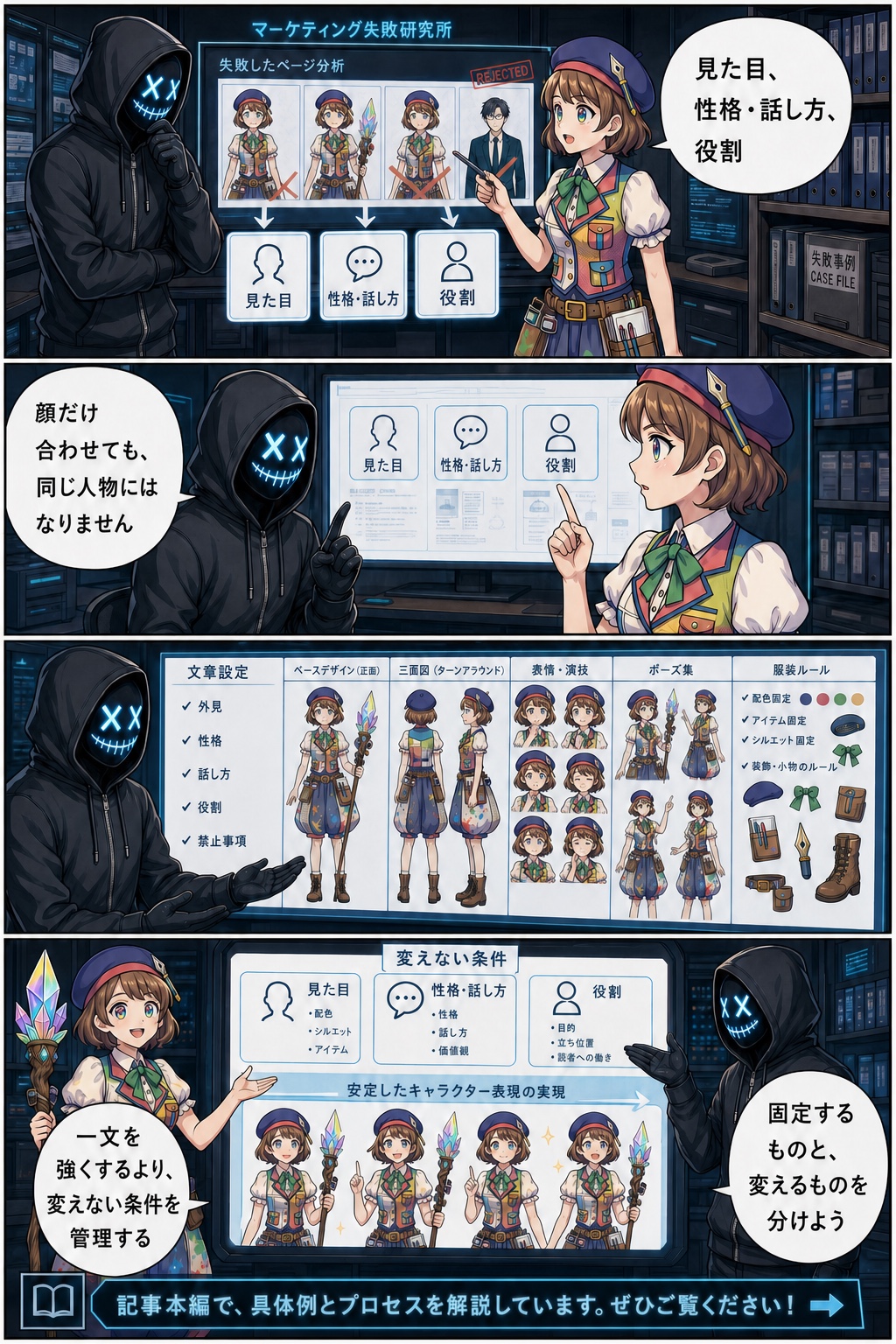 研究所でコミコがキャラクターの見た目・性格と話し方・役割を分類し、親バカ社長が変えない条件を管理すると説明する漫画3ページ目