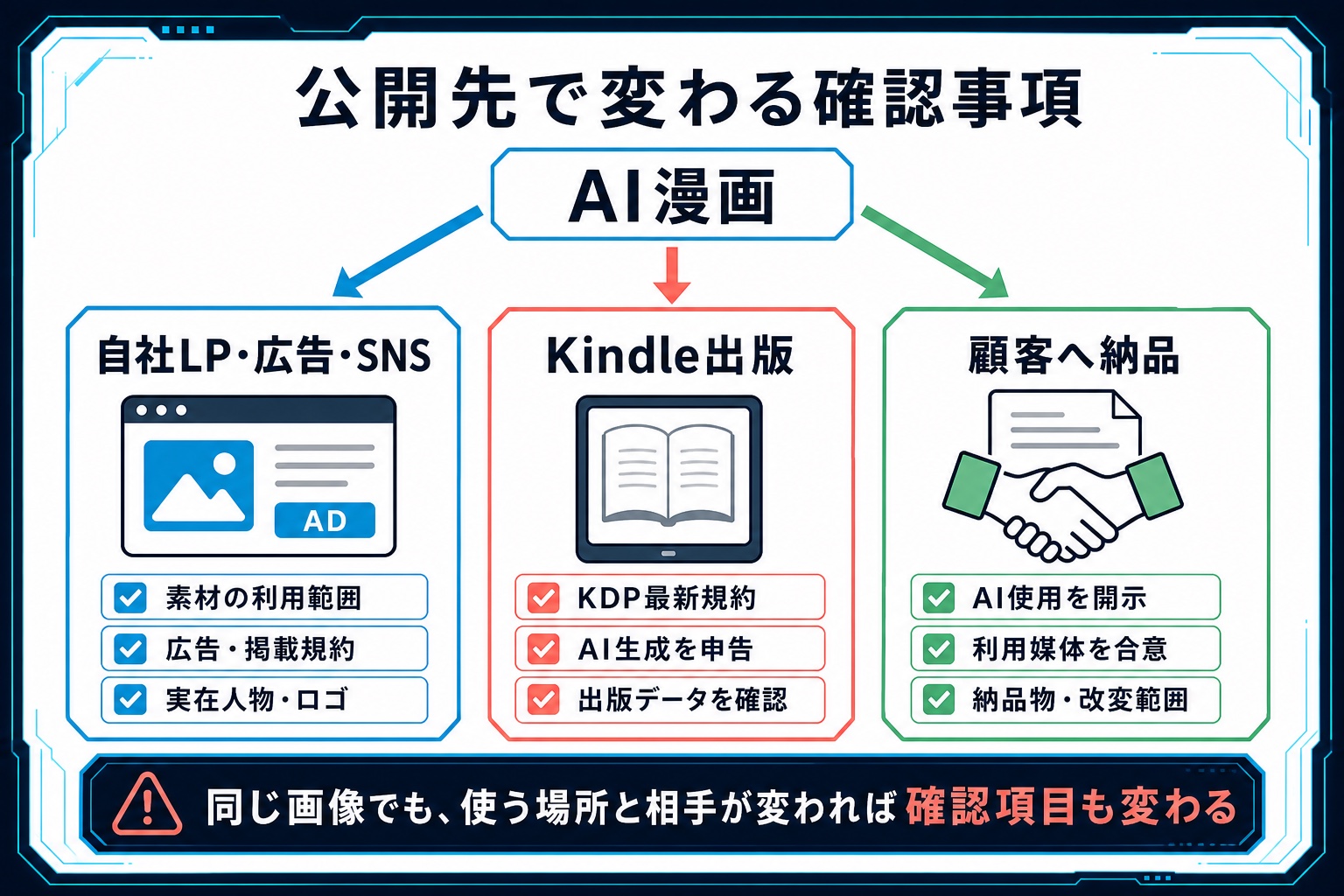 AI漫画を自社LP・広告・SNS、Kindle出版、顧客納品で使う場合に必要な確認項目を3つの経路で比較した図解