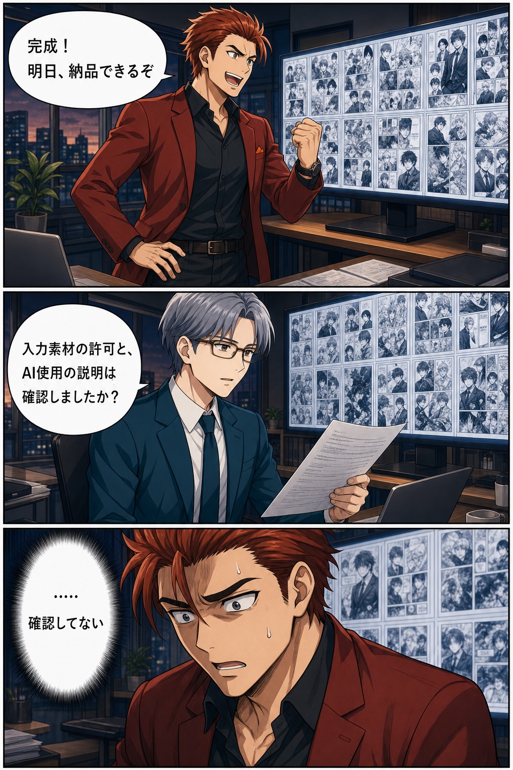 火野ゴウが完成したAI漫画を明日納品できると喜ぶが、守谷セイジから入力素材の許可とAI使用の説明を確認したか問われ、言葉を失う漫画1ページ目