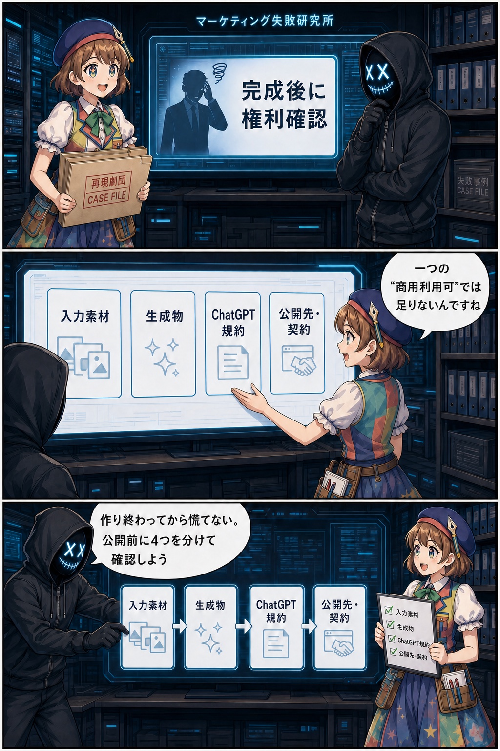 研究所でコミコと親バカ社長が、AI漫画の商用利用を入力素材・生成物・ChatGPT規約・公開先と契約の4つへ分けて確認する漫画3ページ目