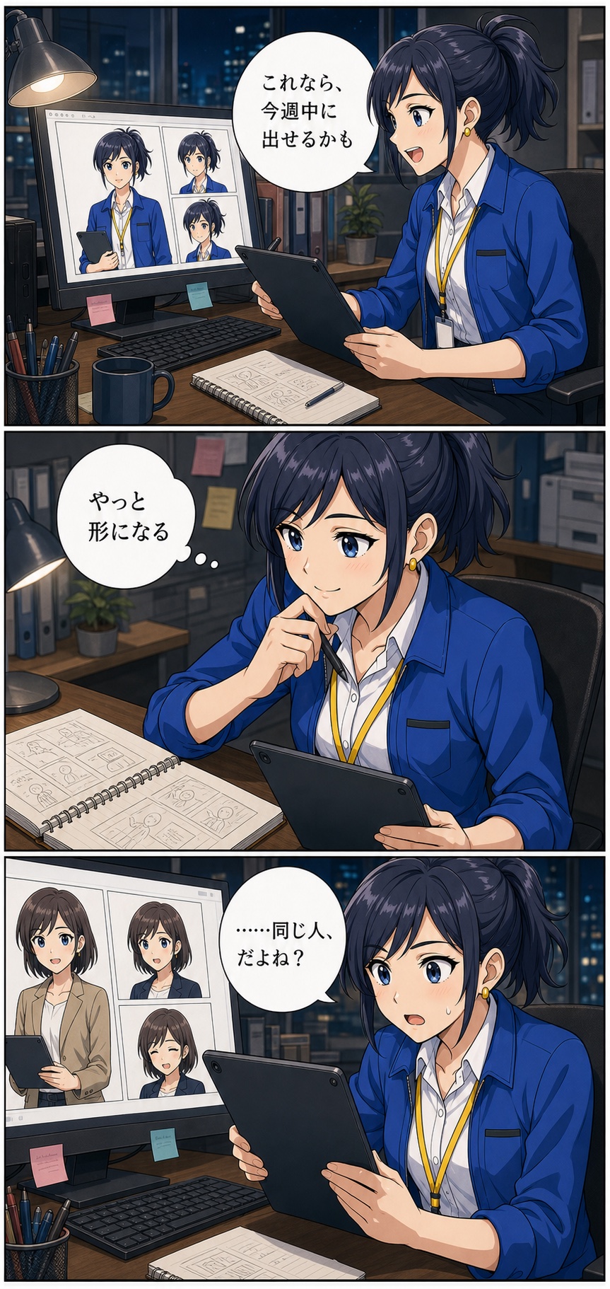 水城ナオがChatGPTで最初の漫画画像を作り、次の生成結果でキャラクターの顔と服が変わったことに気づく漫画1ページ目