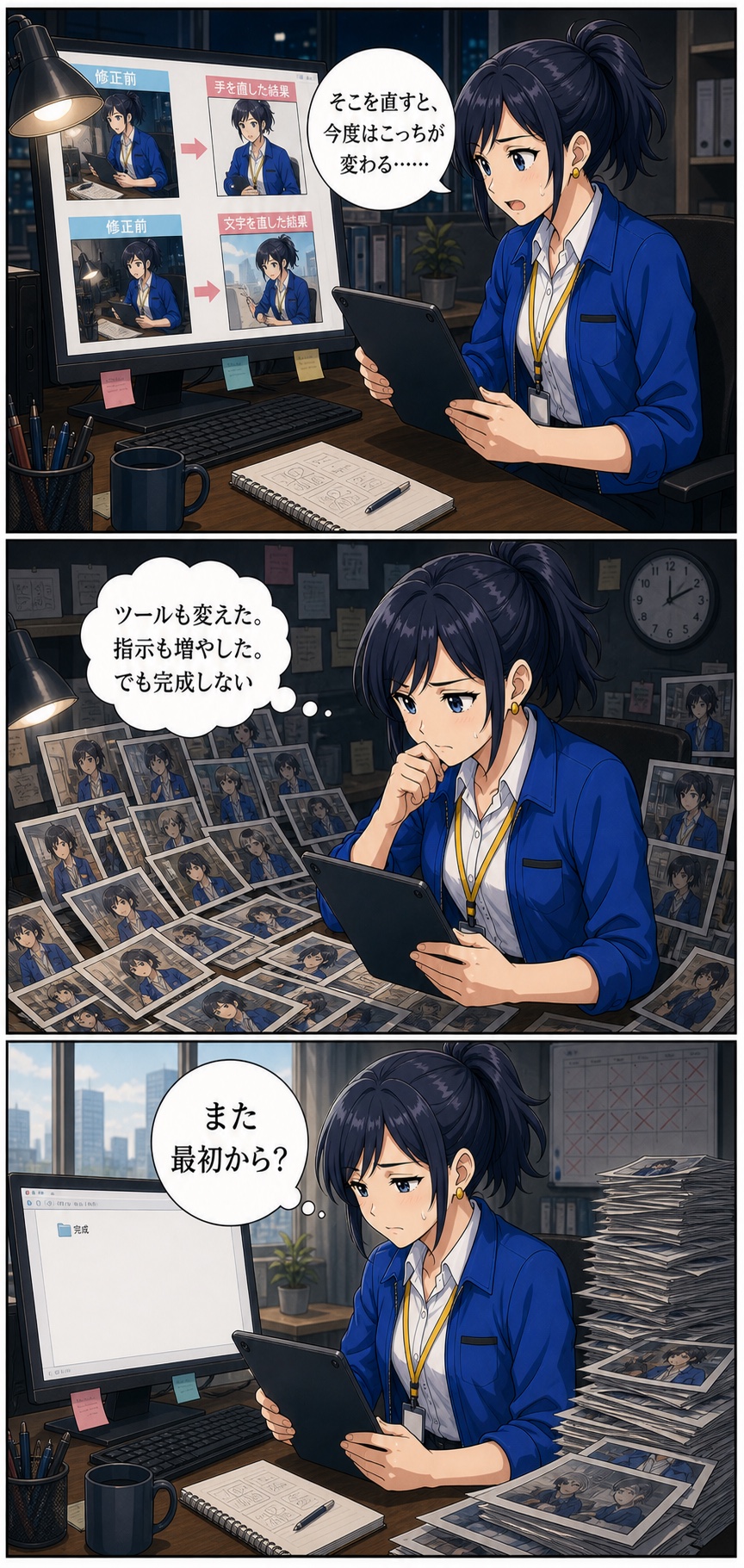 水城ナオがAI漫画を直すたび別の箇所が変わり、未完成画像だけが増えて完成フォルダが空のまま朝を迎える漫画2ページ目