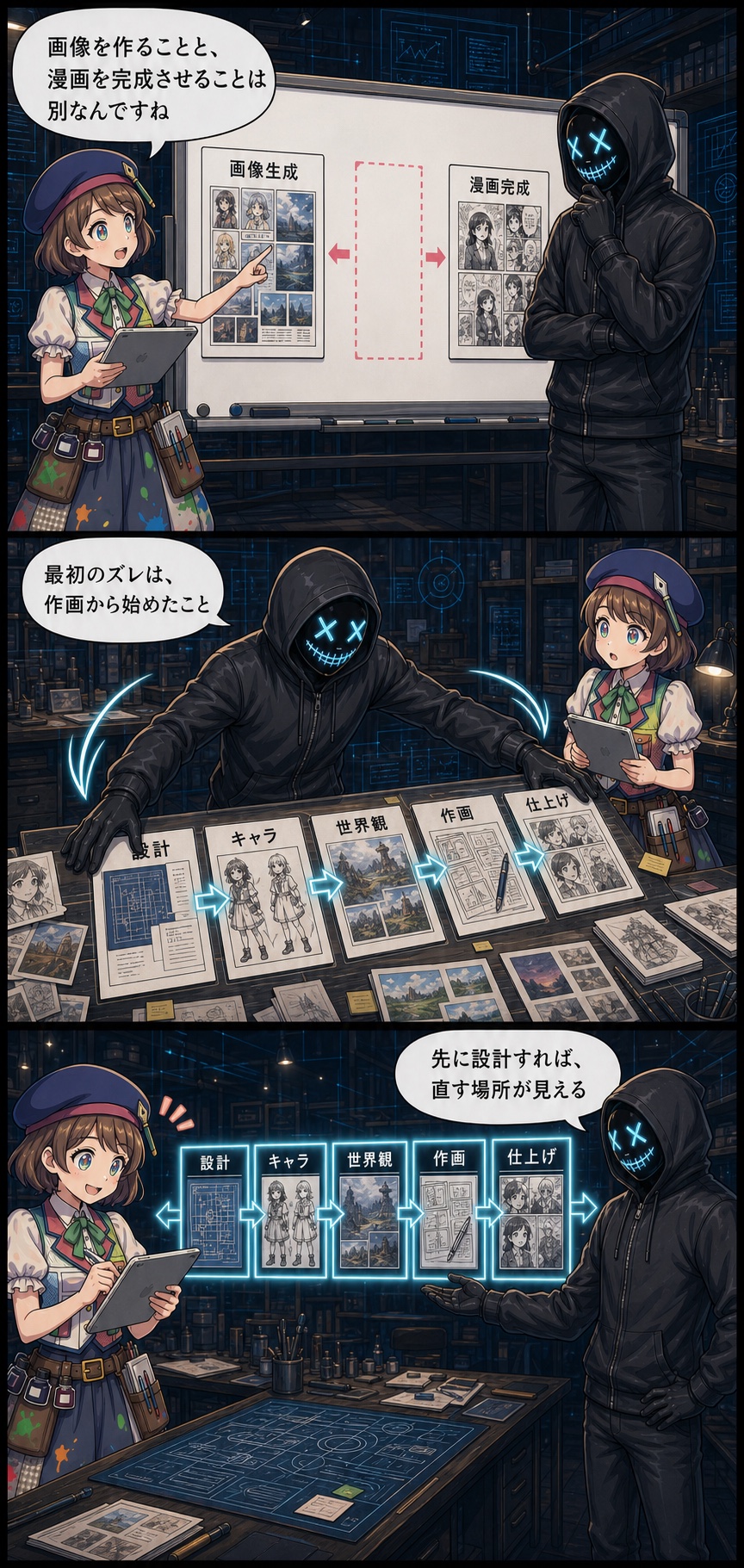 親バカ社長とコミコが研究所で画像生成と漫画完成の違いを整理し、設計・キャラ・世界観・作画・仕上げの順に並べ直す漫画3ページ目