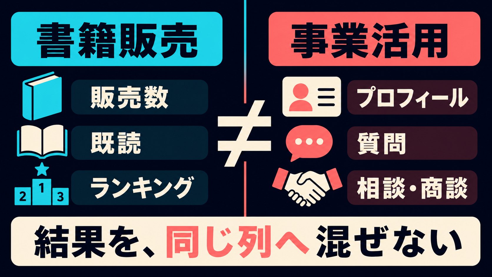 Kindle本の販売数・既読・ランキングという書籍販売の結果と、プロフィール閲覧・質問・相談・商談という事業上の結果を二本に分けた図解