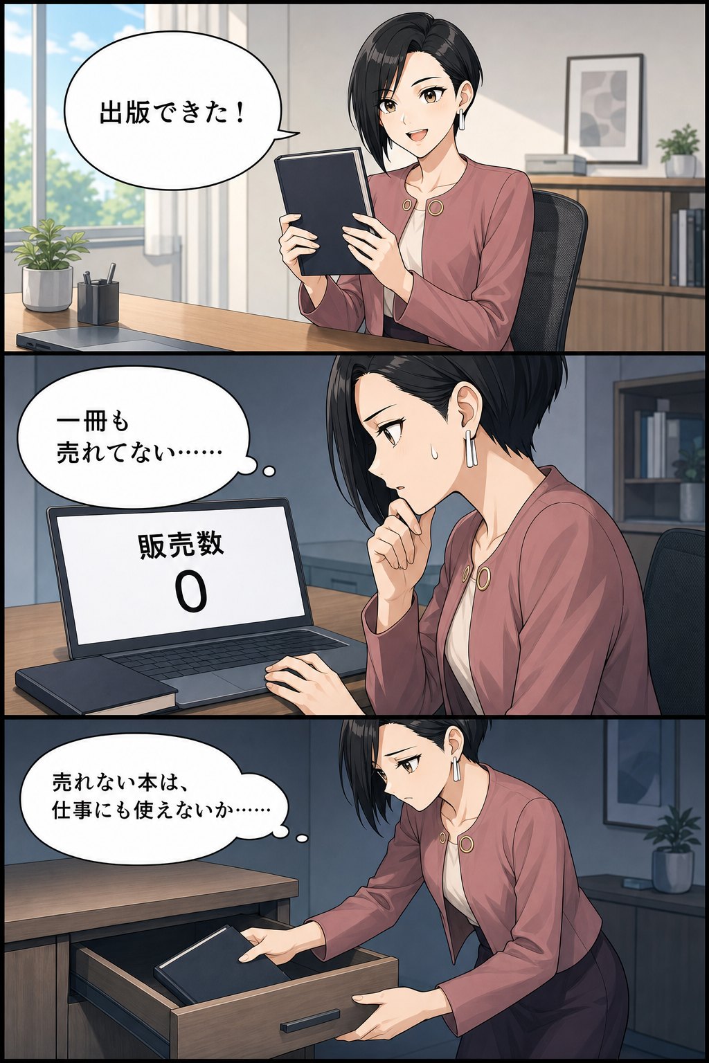 桃原ミオがKindle本の出版を喜ぶが、販売数0を見て、売れない本は仕事にも使えないと考えて引き出しへしまう漫画1ページ目