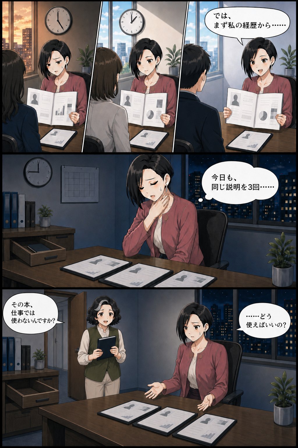 同じ会議室で右から左へ朝・昼・夕の順に経歴説明を繰り返した桃原ミオへ、夜に入口から入った緑川マドカが引き出しの本を示し、使い方を問いかける漫画2ページ目