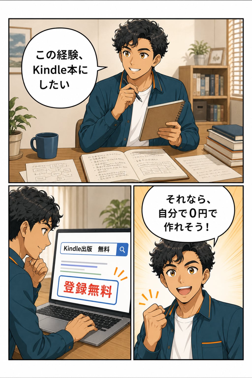自分の経験をKindle本にしたい陽向カケルが、登録無料という検索結果を見て自分で0円で作れそうだと考える漫画1ページ目
