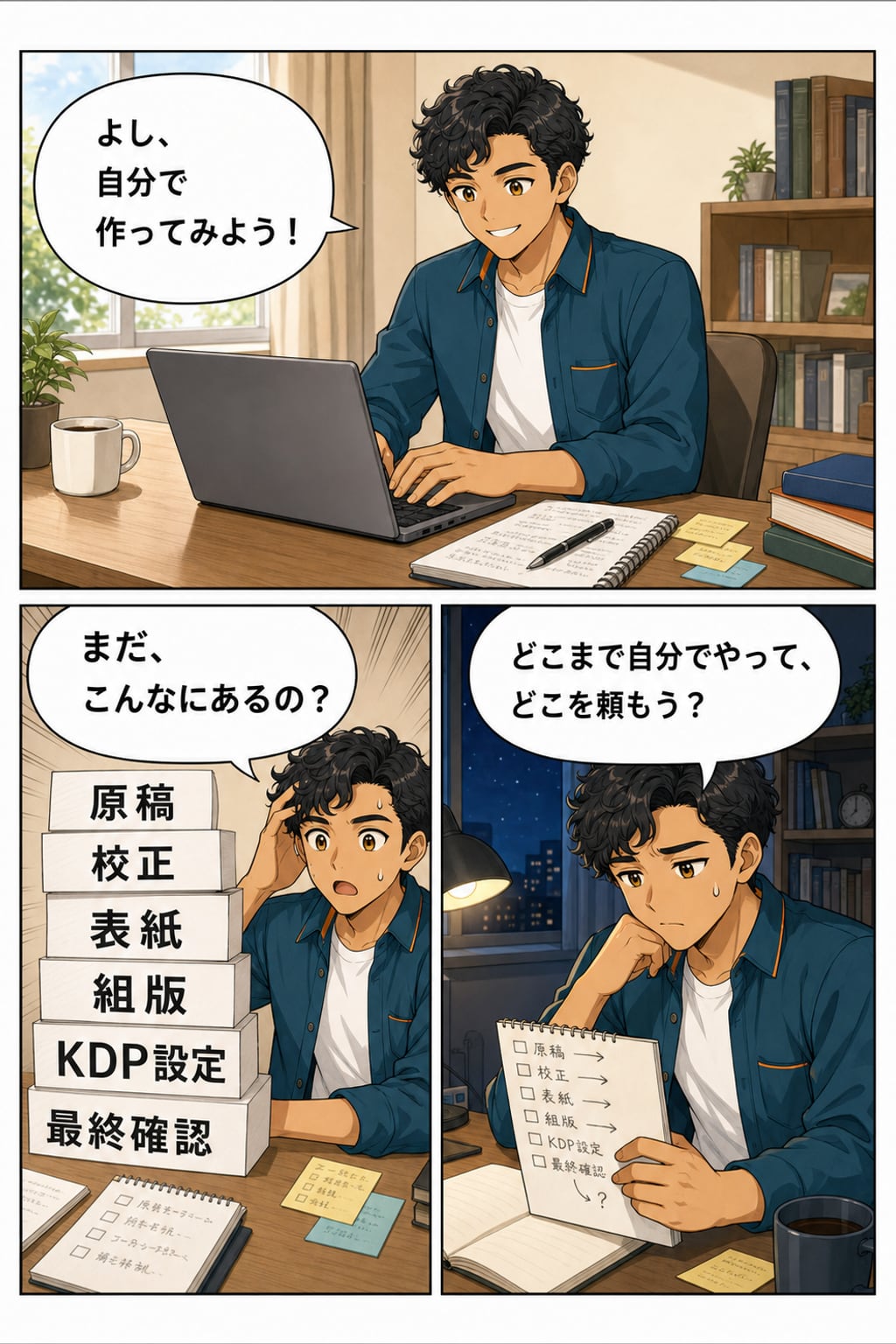 自分でKindle本を作り始めた陽向カケルが、原稿・校正・表紙・組版・KDP設定・最終確認の工程に気づき、自作と外注の境界を考える漫画2ページ目