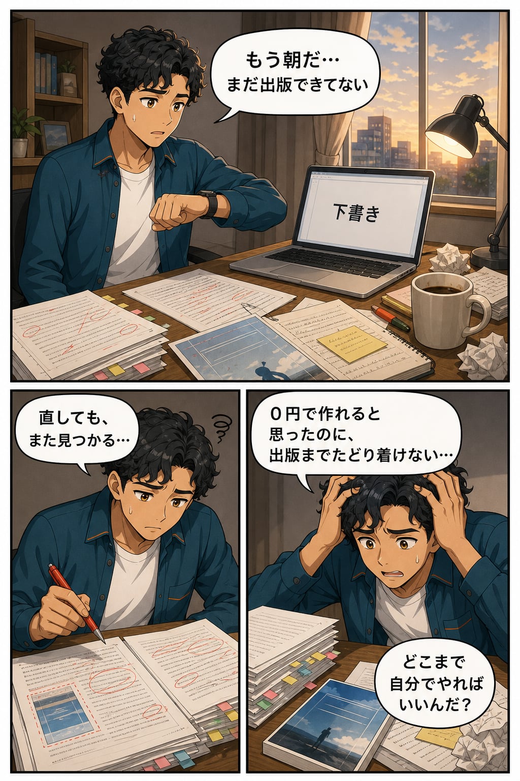 陽向カケルが夜明けまで原稿や表紙の修正を続けても出版できず、どこまで自分でやるべきか分からなくなる漫画3ページ目