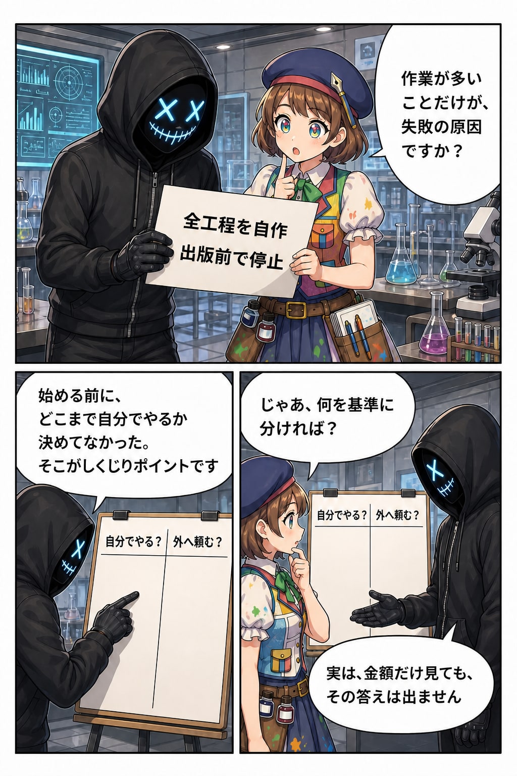 研究所で親バカ社長とコミコが、自作と外注の境界を決めずに始めたことをしくじりポイントと分析し、金額だけでは判断できないと示す漫画4ページ目