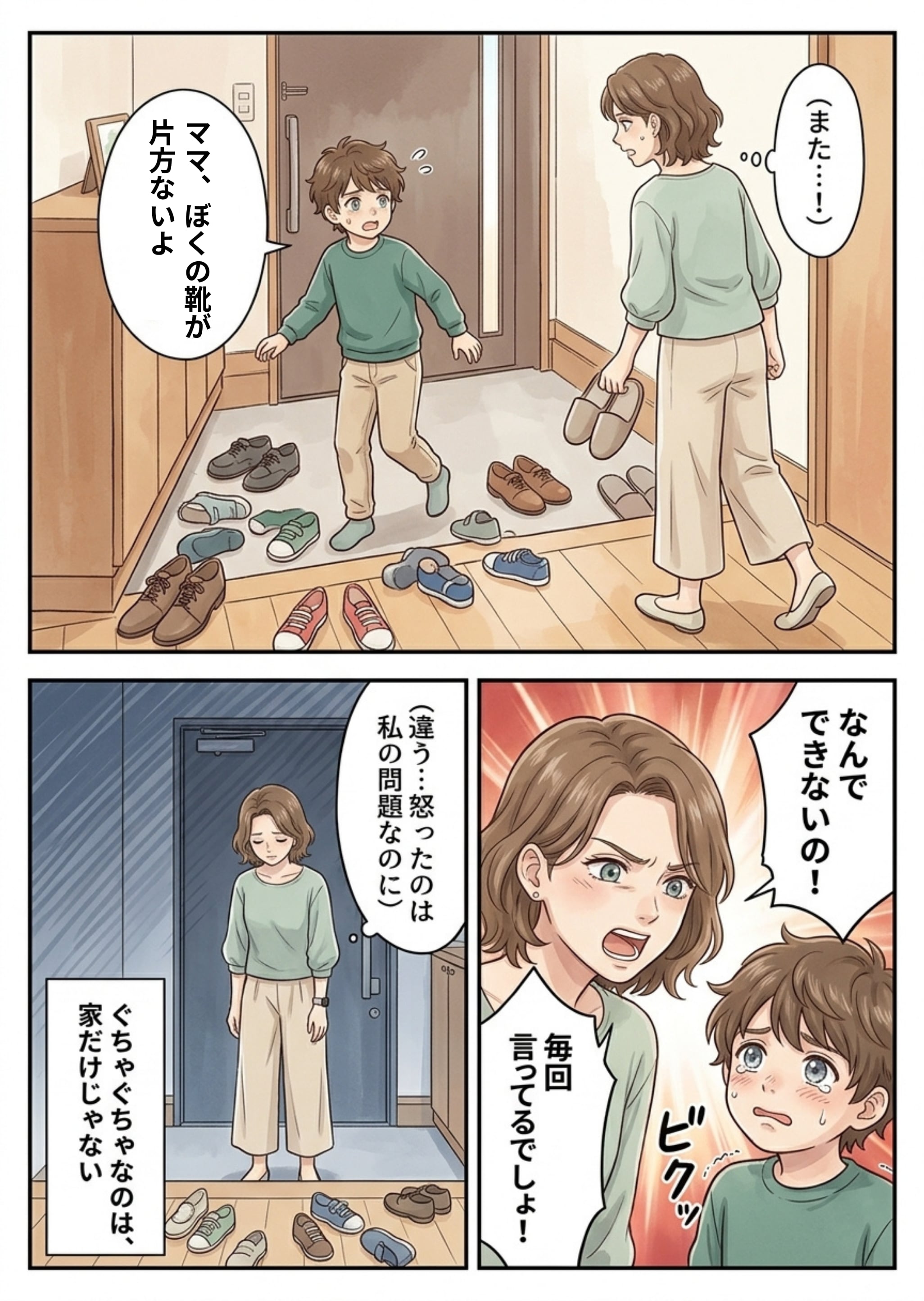 子どものセリフをママ、ぼくの靴が片方ないよへ直し、読みやすく整えた修正後ページ