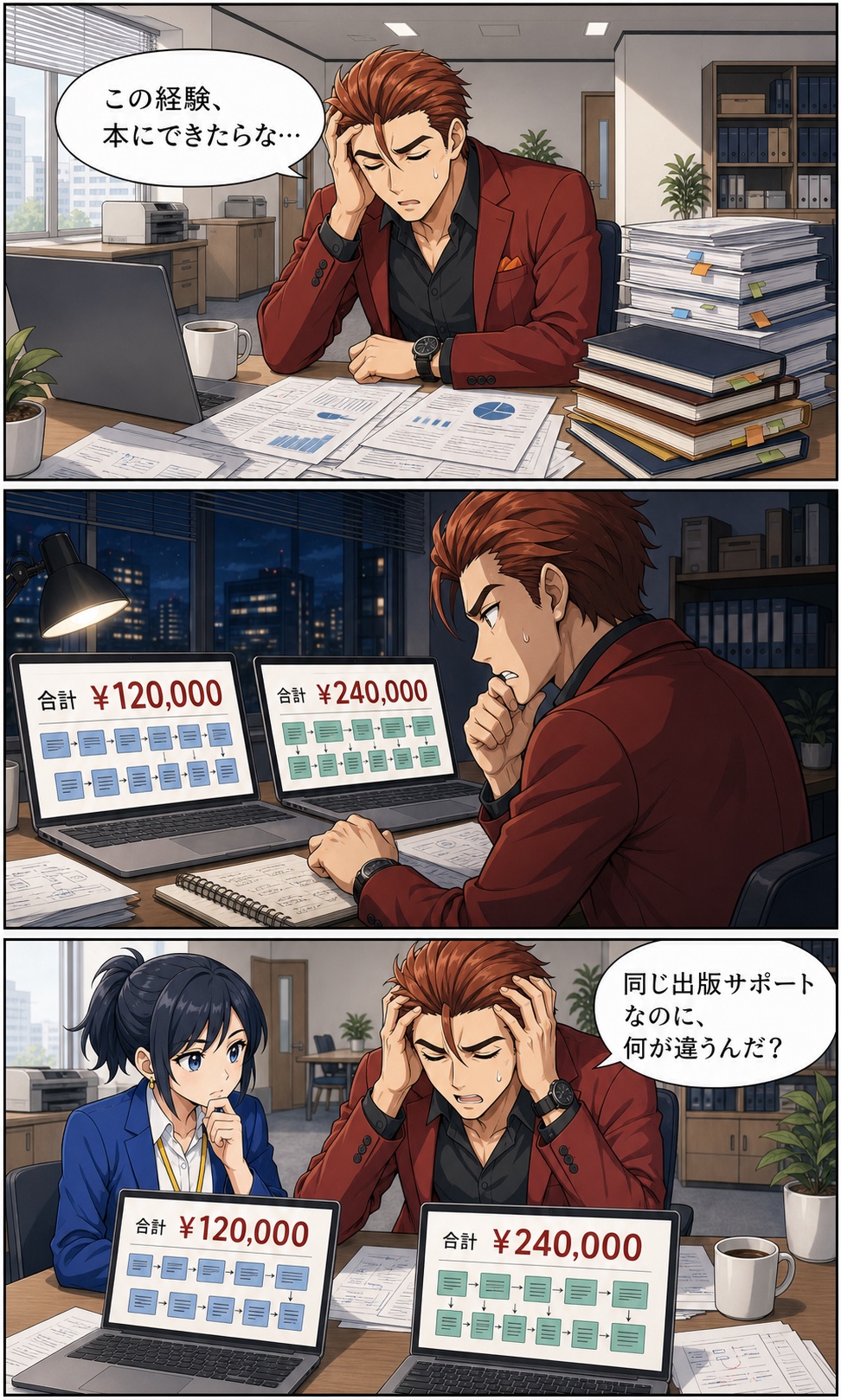 火野ゴウが繰り返す仕事説明に疲れ、12万円と24万円のKindle出版サポート見積もりの違いが分からず悩む漫画1ページ目