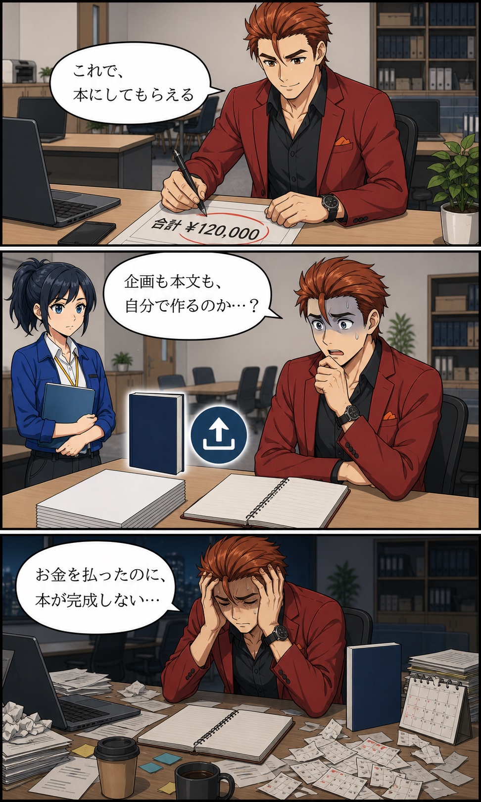 安い見積もりを選んだ火野ゴウが、企画と本文は依頼範囲外だと知り、費用を払っても本が完成せず疲弊する漫画2ページ目