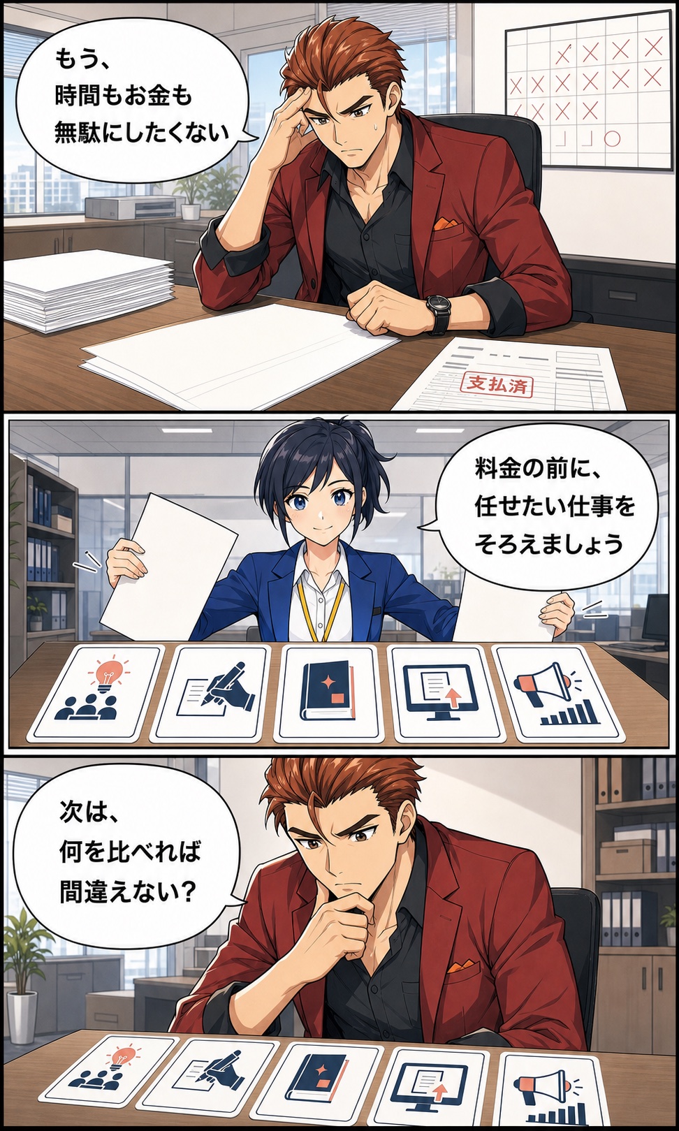 時間と費用をもう無駄にしたくない火野ゴウへ、水城ナオが料金より先に任せたい工程をそろえるよう提案する漫画3ページ目