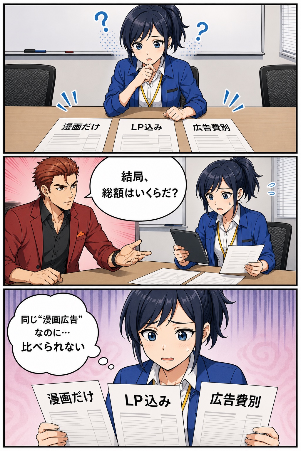 水城ナオが漫画だけ・LP込み・広告費別の三つの見積書を比べられず、火野ゴウから総額を聞かれて焦る漫画1ページ目