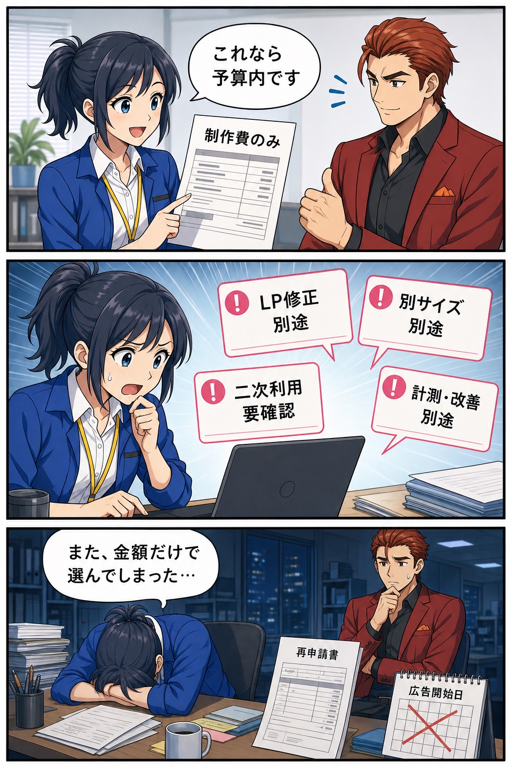 制作費だけの見積もりを選んだ水城ナオが、LP修正・別サイズ・二次利用・計測改善が別条件だと知り、夜に再申請書を前に後悔する漫画2ページ目