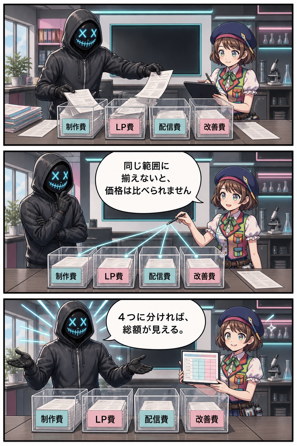 研究所でコミコと親バカ社長が見積書を制作費・LP費・配信費・改善費の四つへ分け、同じ範囲に揃えて比較すると整理する漫画3ページ目