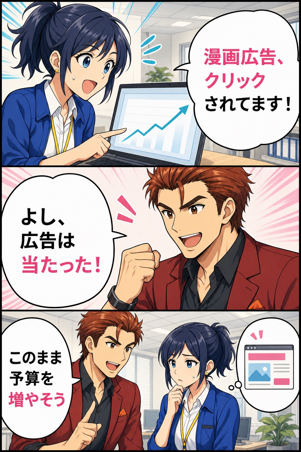 水城ナオと火野ゴウが漫画広告のクリック反応を見て、広告は当たったと考え予算を増やそうとする漫画1ページ目