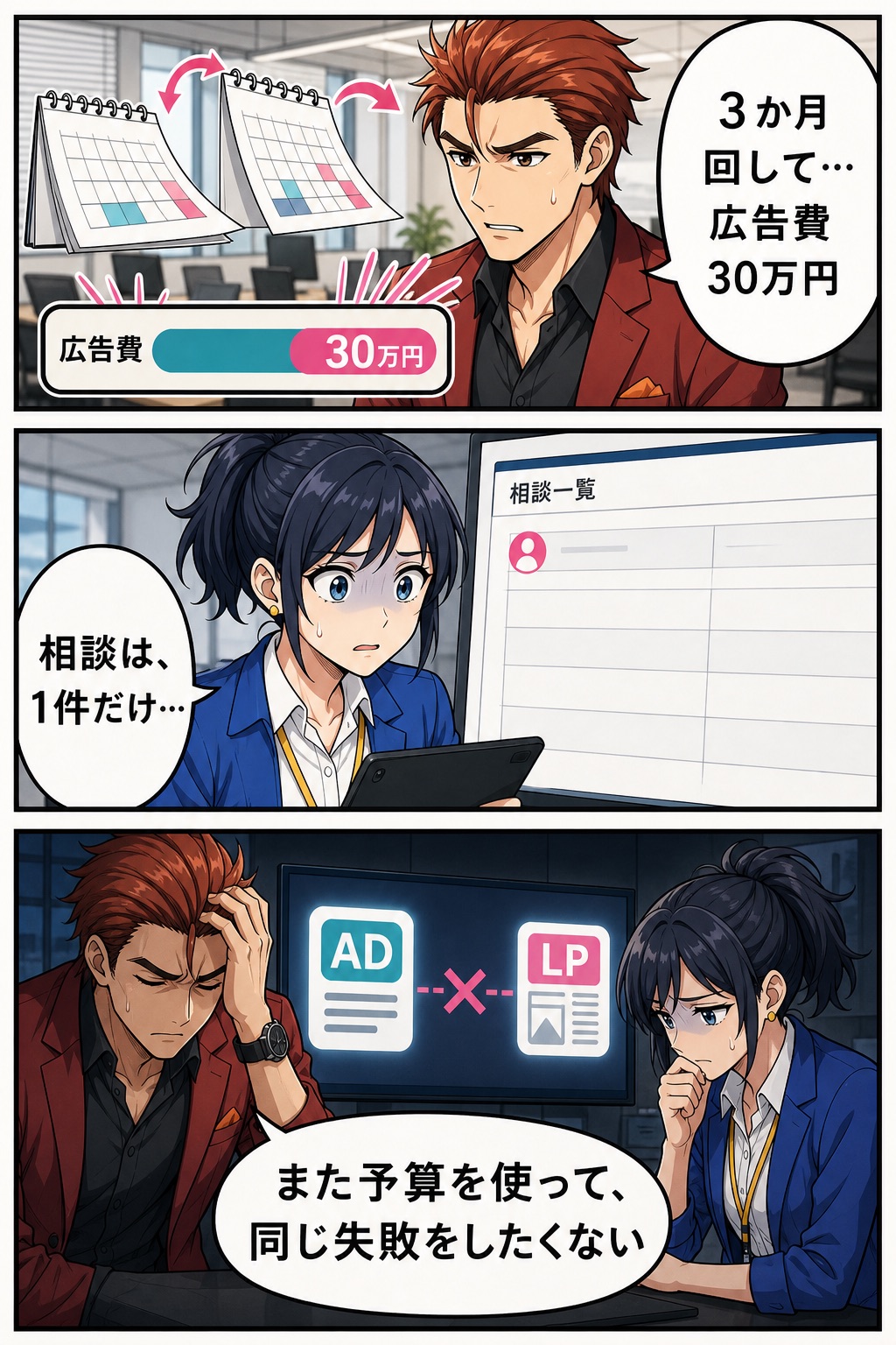 約3か月で広告費30万円を使っても相談が1件だけで、火野ゴウと水城ナオが同じ失敗を繰り返すことを恐れる漫画2ページ目