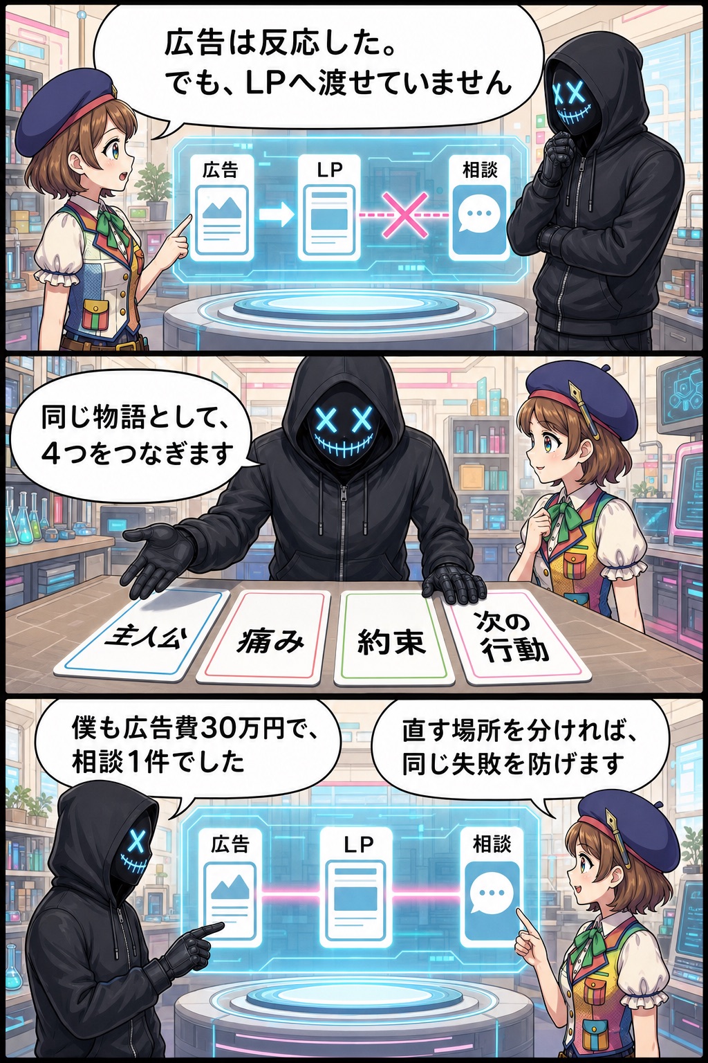 研究所でコミコと親バカ社長が、漫画広告とLPの間で主人公・痛み・約束・次の行動をつなぐ必要があると整理する漫画3ページ目