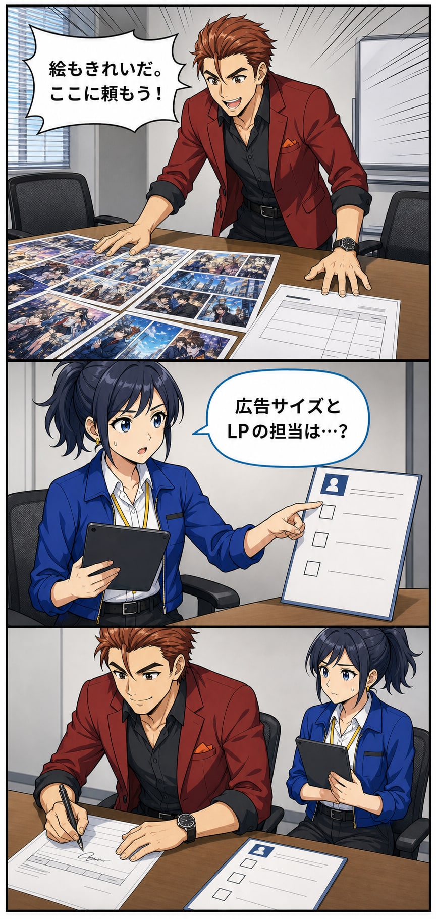 火野ゴウが絵の美しさで漫画広告の依頼先を決めようとし、水城ナオが広告サイズとLPの担当者が空欄だと気づく漫画1ページ目