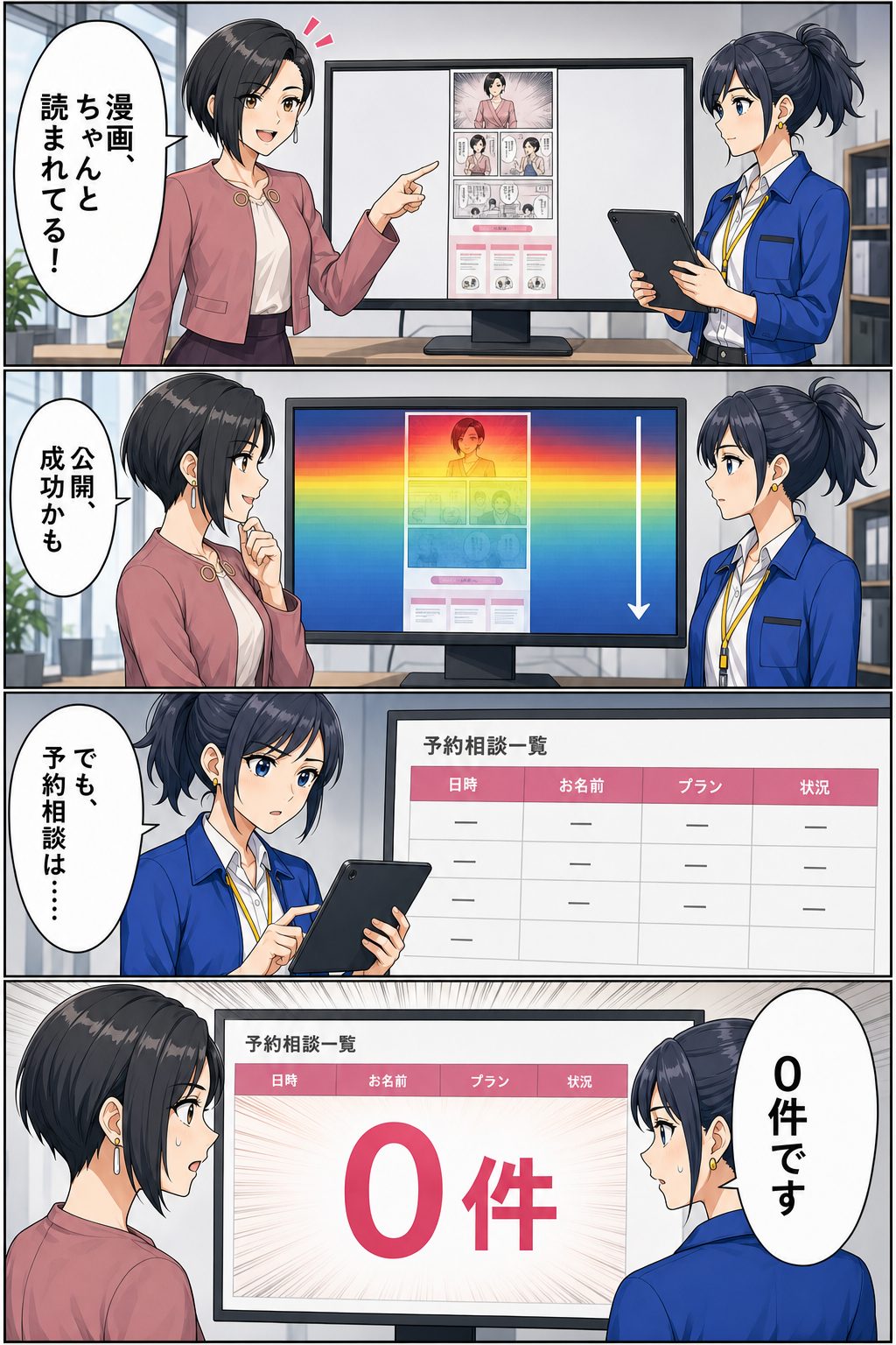 桃原ミオが漫画LPは読まれていると喜ぶ一方、水城ナオが予約相談0件を確認する漫画1ページ目
