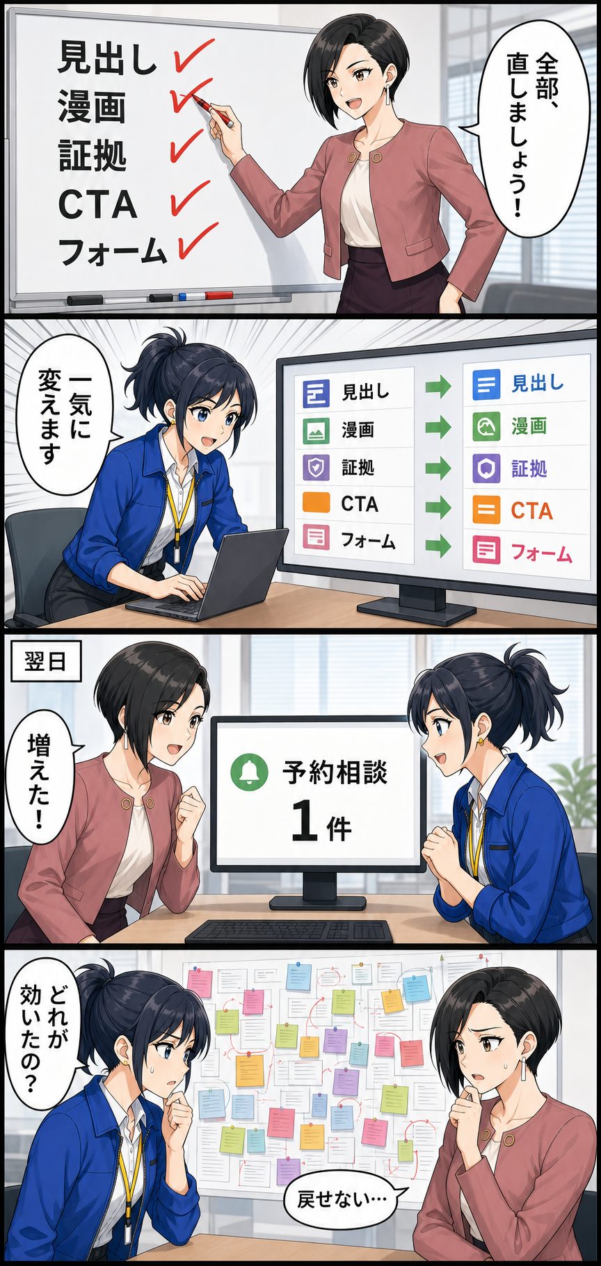 桃原ミオと水城ナオが見出し・漫画・証拠・CTA・フォームを一気に変え、予約が増えても何が効いたか分からなくなる漫画2ページ目