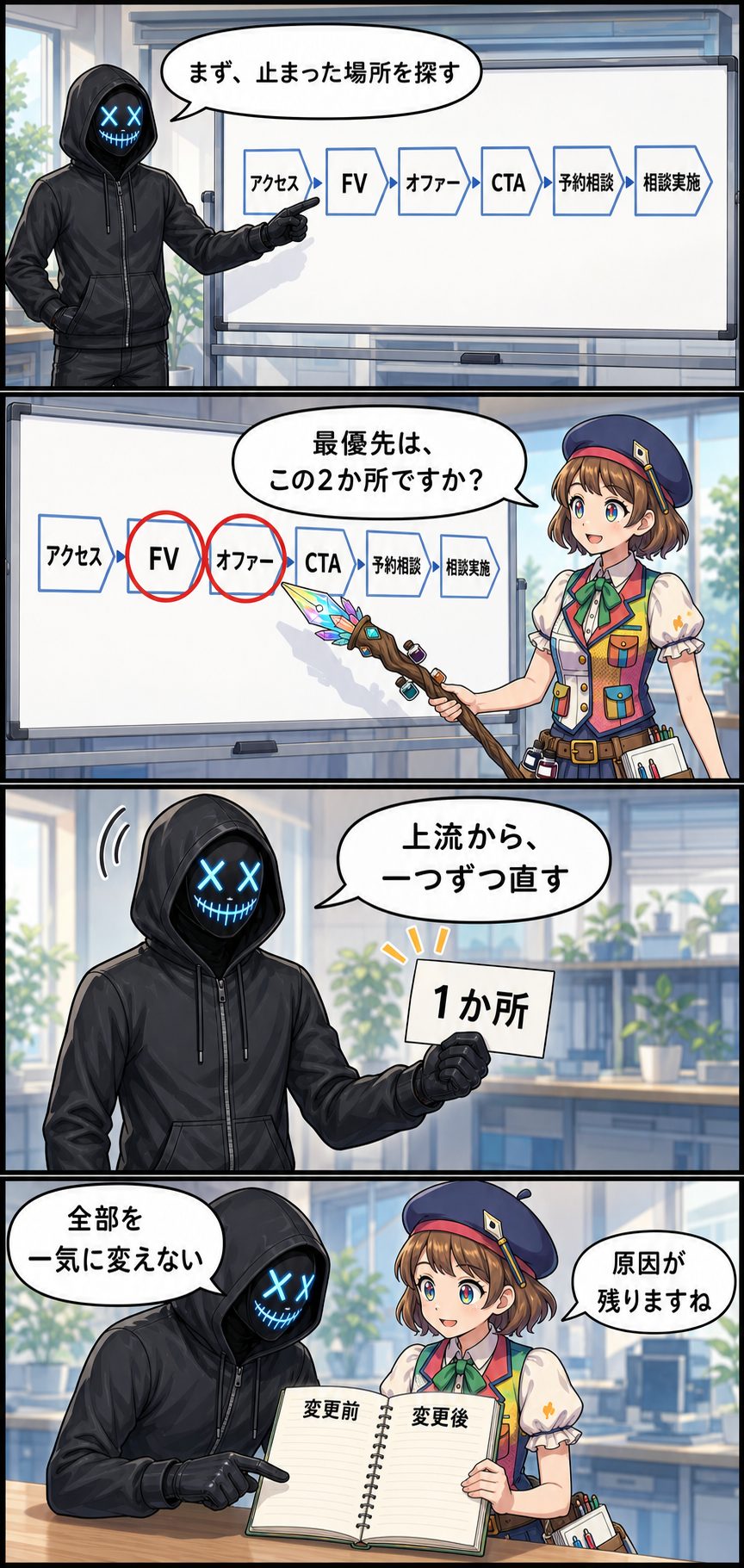研究所で親バカ社長とコミコがアクセスから相談実施までを並べ、上流から一か所ずつ直すと整理する漫画3ページ目
