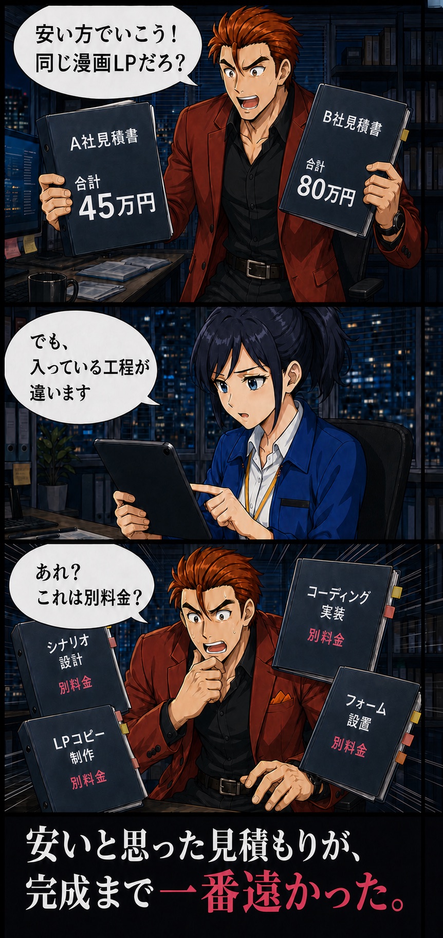 再現劇団の火堂ゴウと水城ナオが、45万円と80万円の漫画LP見積もりを比較し、安い方を選んだ後で別料金の工程に気づく漫画1ページ目