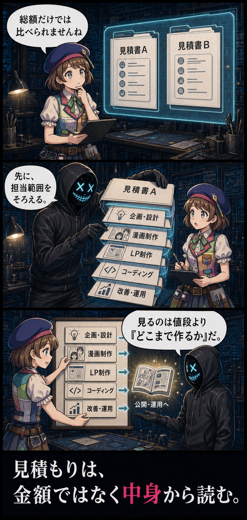 親バカ社長とコミコが、漫画LPの見積もりは総額より担当範囲をそろえて比べると解説する漫画2ページ目