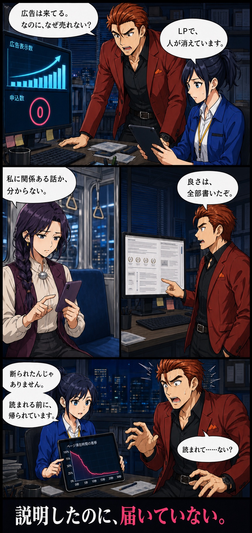 広告は来るのにLPから人が離脱する場面を描いた漫画1ページ目