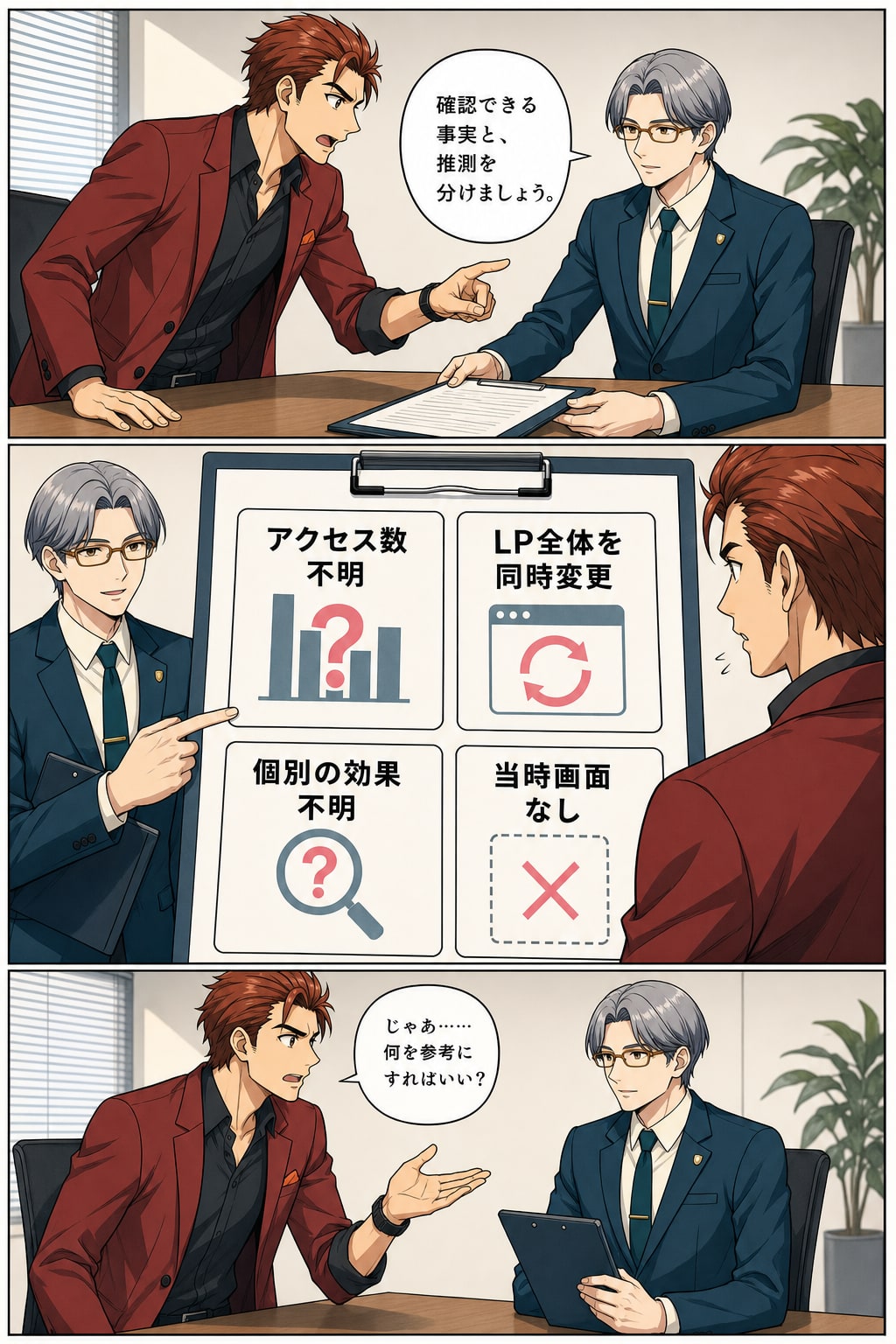 守谷セイジがアクセス数不明・LP全体を同時変更・個別効果不明・当時画面なしという事例の条件を示し、火野ゴウが何を参考にすべきか考える漫画2ページ目