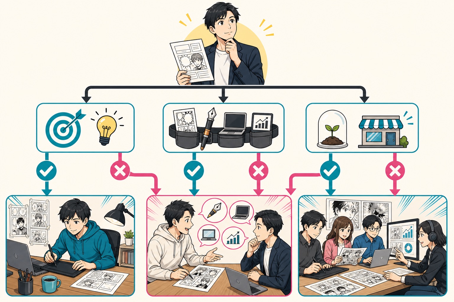 訴求設計・社内担当・商品段階から漫画LPの依頼方法を選ぶ判断ルートの図解イラスト