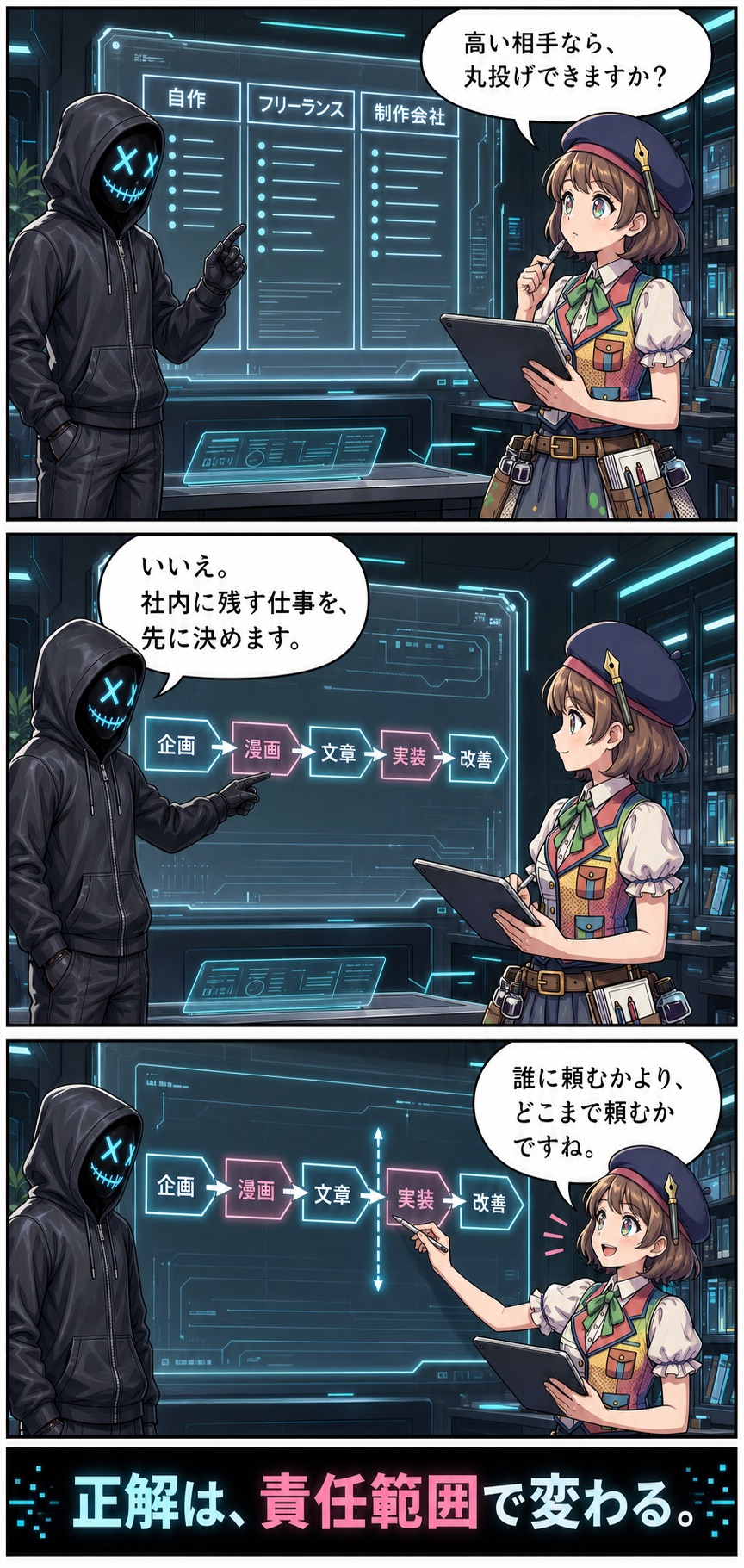 親バカ社長とコミコが、漫画LPは誰に頼むかよりどこまで頼むかを決めると解説する漫画2ページ目