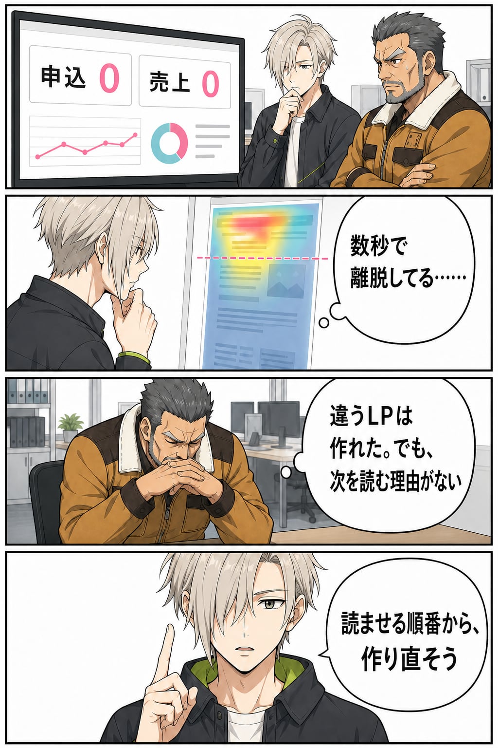 申込と売上が0のまま、ヒートマップでファーストビュー付近の離脱を確認し、白峰レンが読ませる順番から作り直そうと決める漫画2ページ目