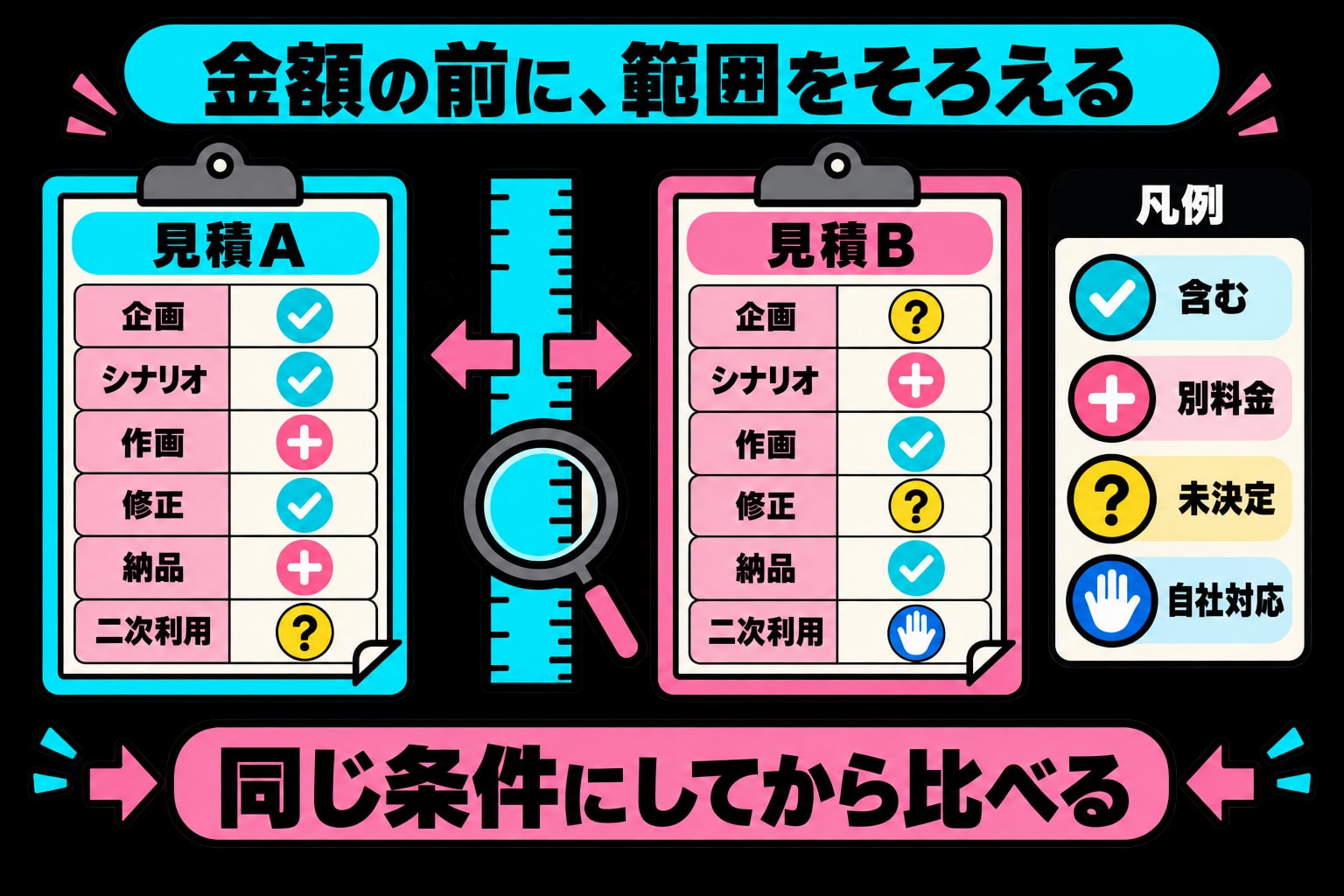 見積Aと見積Bの企画・シナリオ・作画・修正・納品・二次利用を含む・別料金・未決定・自社対応で比べる図解