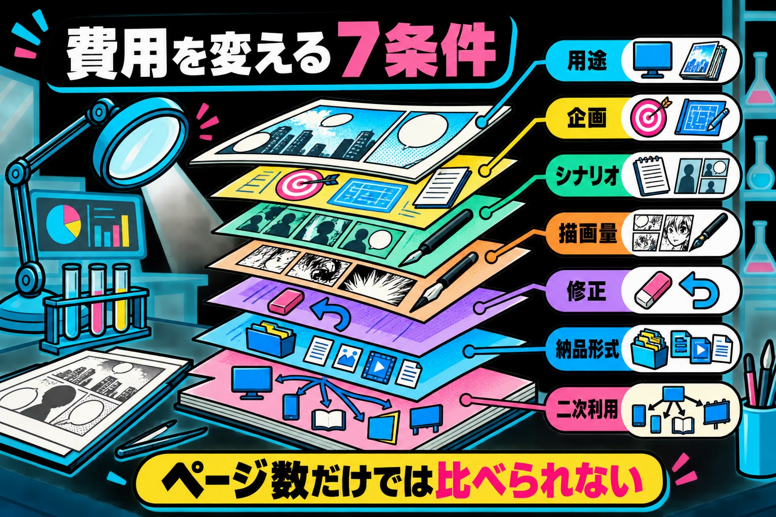 一つの漫画原稿を用途・企画・シナリオ・描画量・修正・納品形式・二次利用の7層へ分解した費用条件の図解