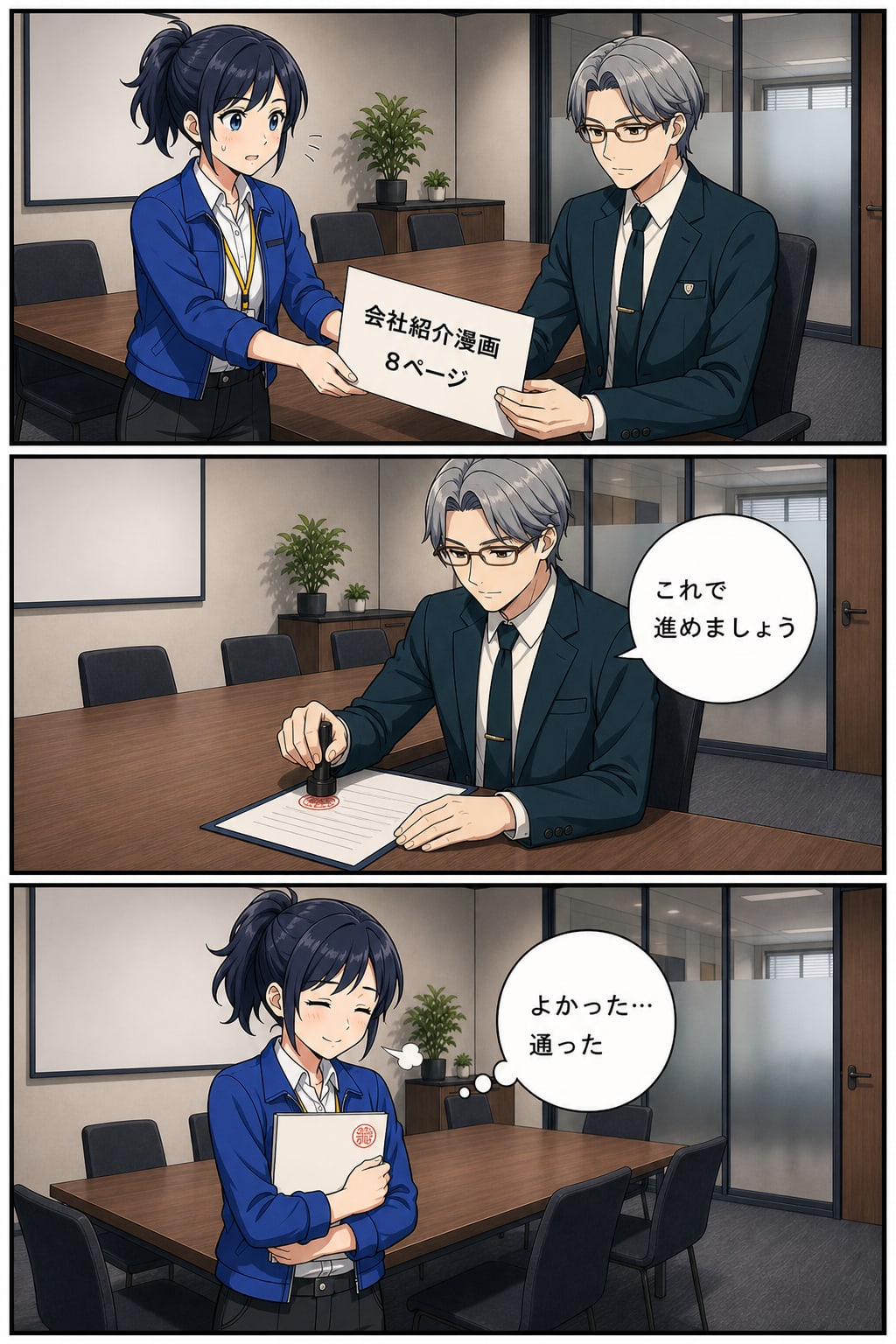 水城ナオが会社紹介漫画8ページの見積書を守谷セイジへ提出し、承認されて安堵する漫画1ページ目