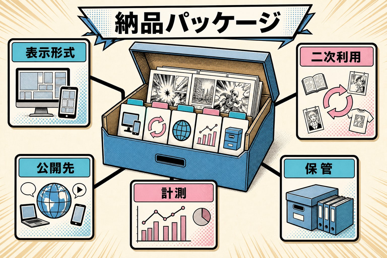 完成漫画とともに表示形式・二次利用・公開先・計測・保管を一つの納品パッケージへまとめる図解