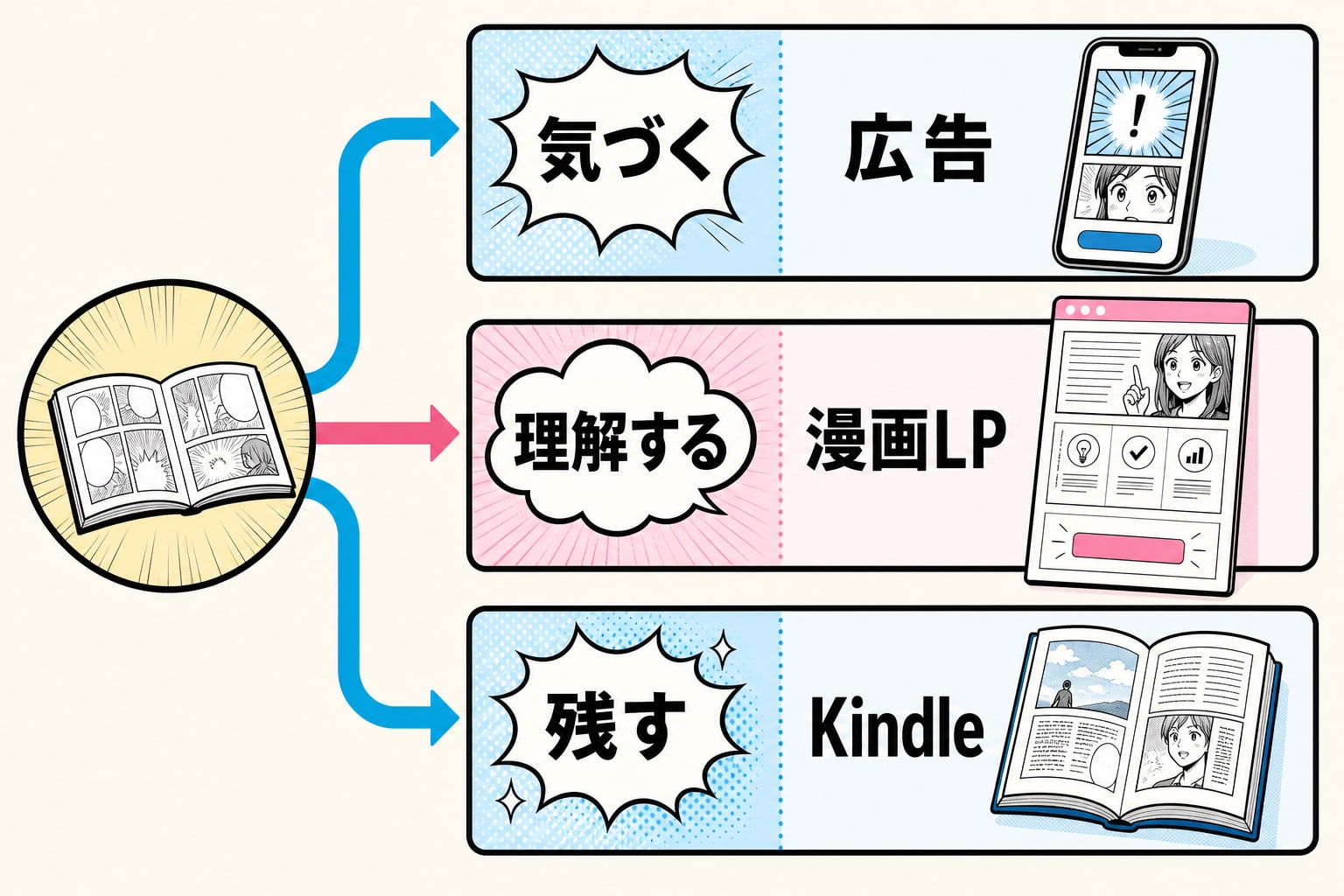 読者に気づいてもらう広告、理解してもらう漫画LP、経験を残すKindleへ漫画の仕事を分ける用途判断図