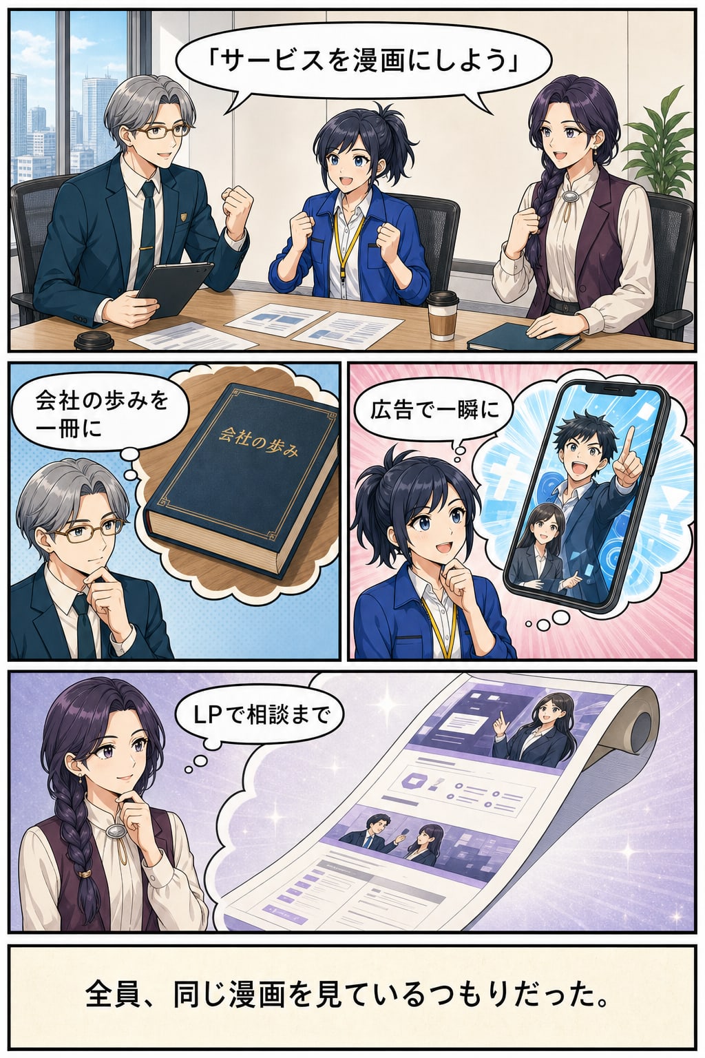 守谷セイジ、水城ナオ、紫藤レイカがサービス漫画の制作に賛成しながら、冊子・広告・漫画LPという別々の完成形を想像する漫画1ページ目
