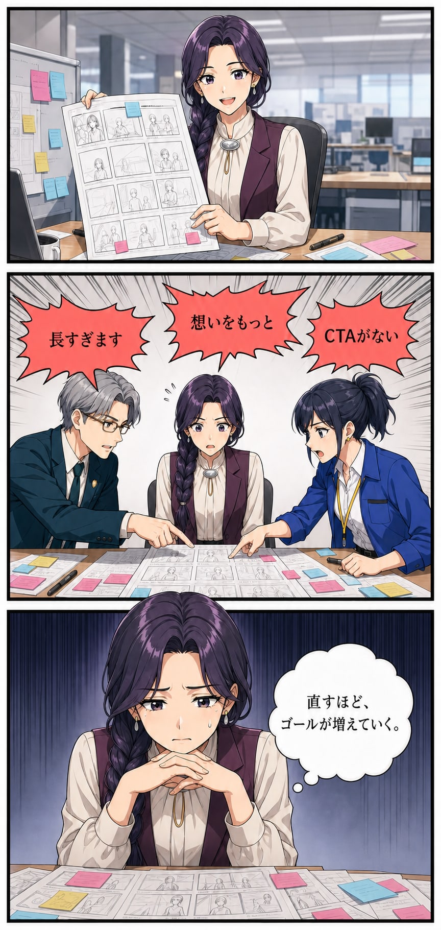 完成像を共有しないまま作った絵コンテへ相反する修正が集まり、紫藤レイカが直すほどゴールが増えていくと気づく漫画2ページ目