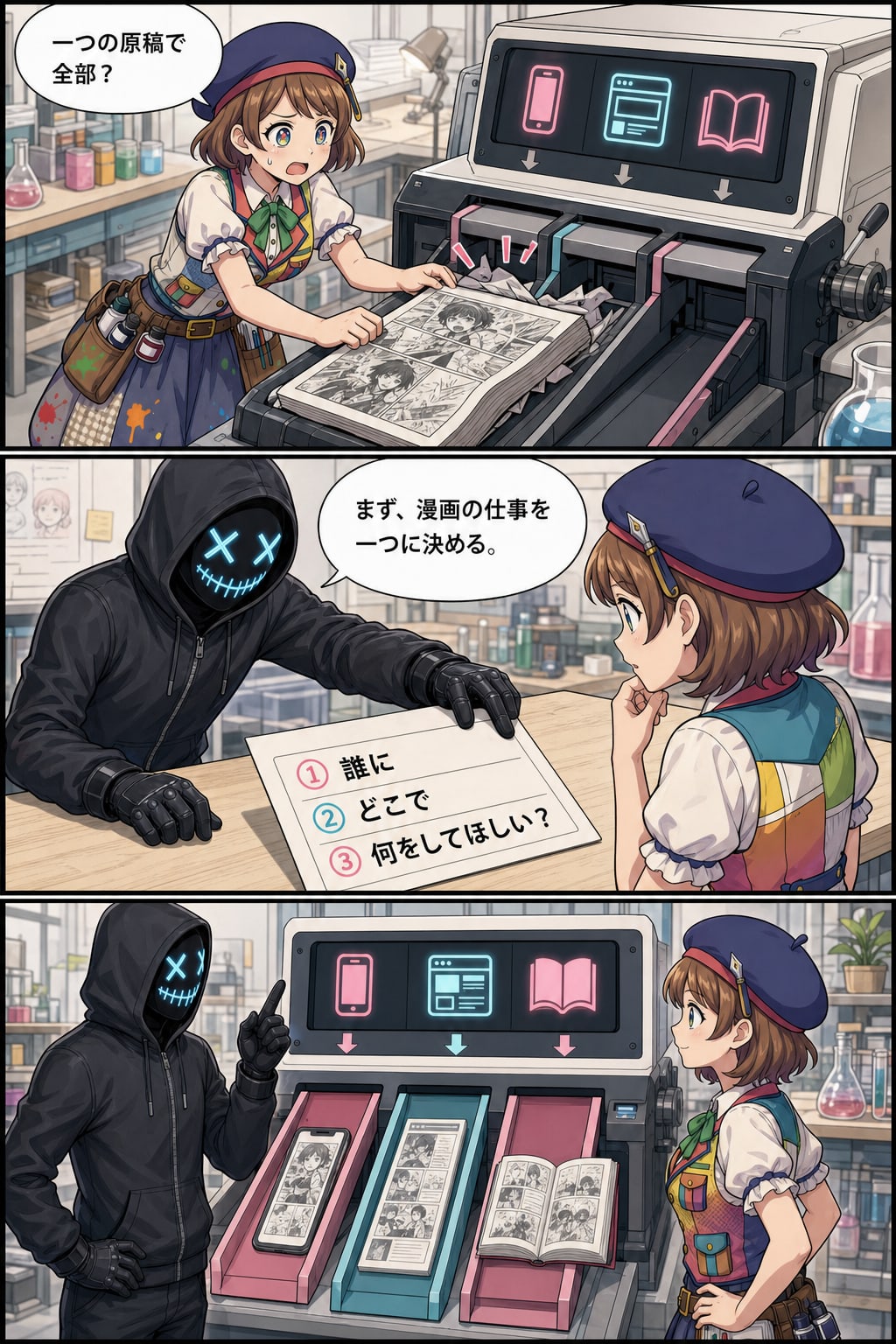 研究所でコミコと親バカ社長が一つの原稿を広告・漫画LP・本へ分け、誰にどこで何をしてほしいかを先に決める漫画3ページ目