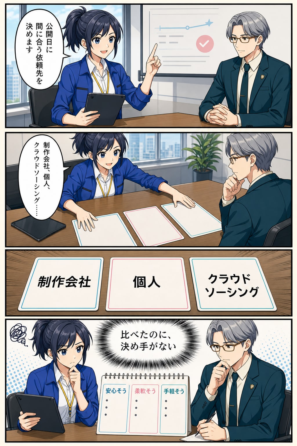 水城ナオが制作会社・個人・クラウドソーシングの候補カードを並べるが、安心・柔軟・手軽という印象しか比較できない漫画1ページ目